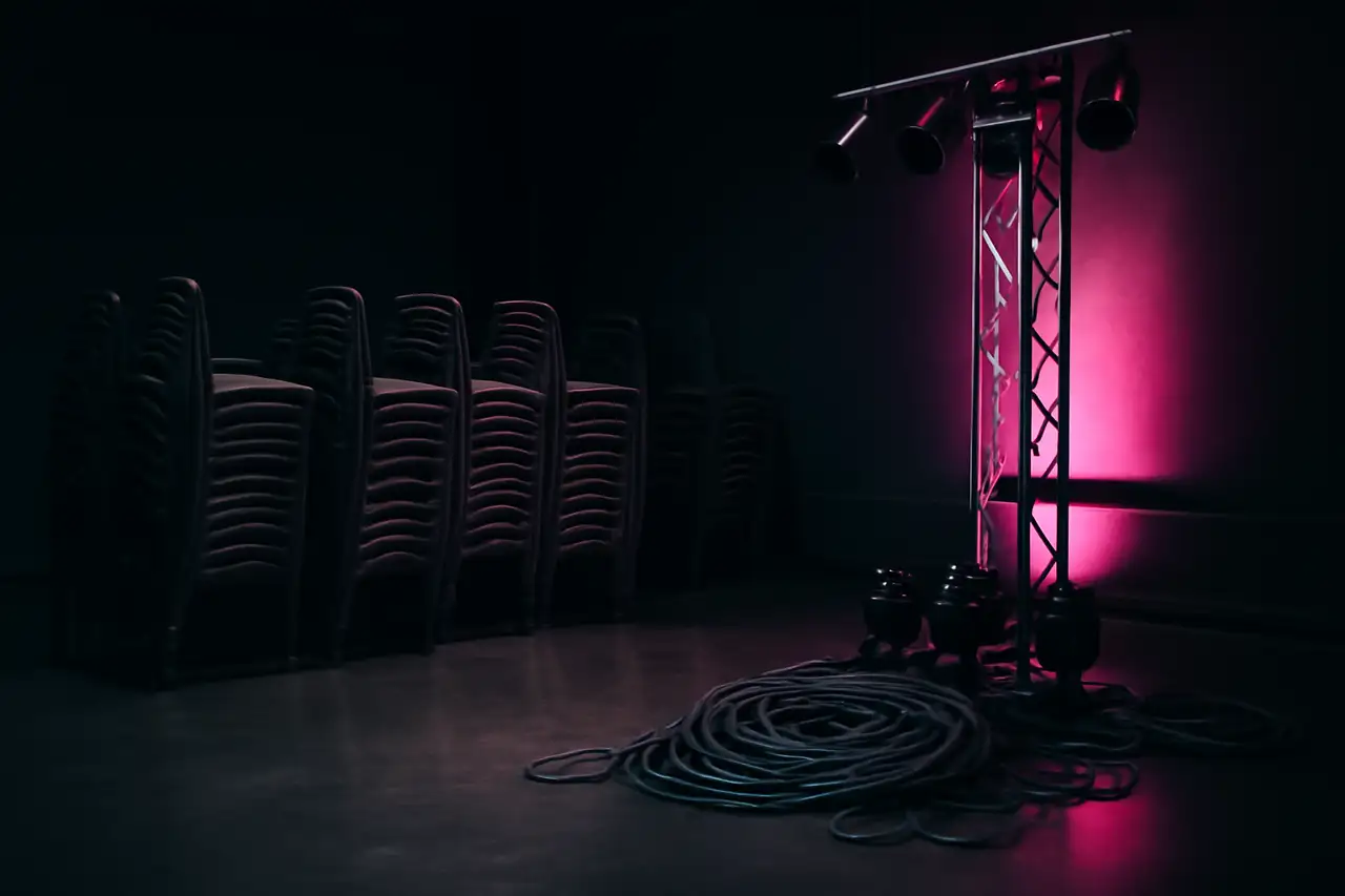 Lege evenementenhal met truss, stoelen en kabels voor aanvang